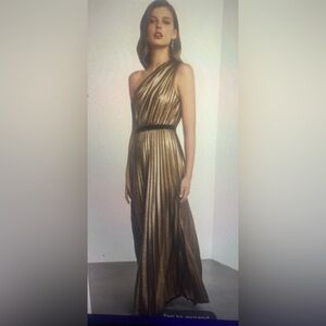BCBG Max Azria Elegant Gold Pleated One-Shoulder Maxi Dress